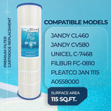 Pool Cartridge, replaces Jandy CL460, R0554600, Pleatco PJAN115, Unicel C-7468, Filbur FC-0810, FP-27115, 4Pack
